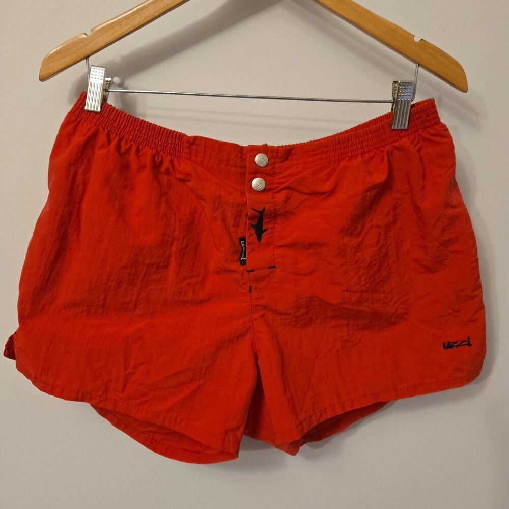 VINTAGE 90s Uzzi Amphibious Gear Swim Trunks L Red Snap Fly Shark Dive Shorts